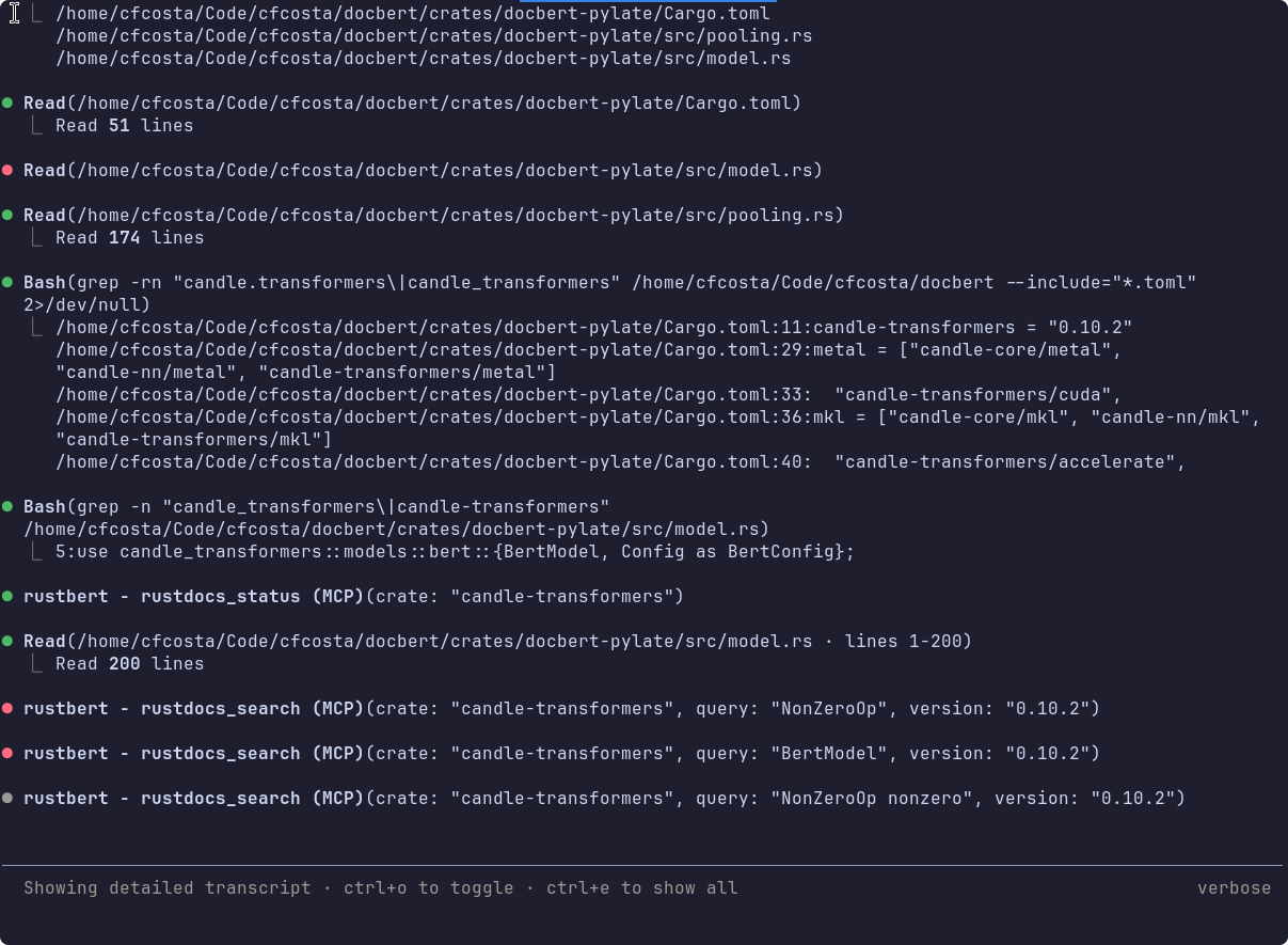 Claude Code calling rustdocs_status and rustdocs_search against candle-transformers